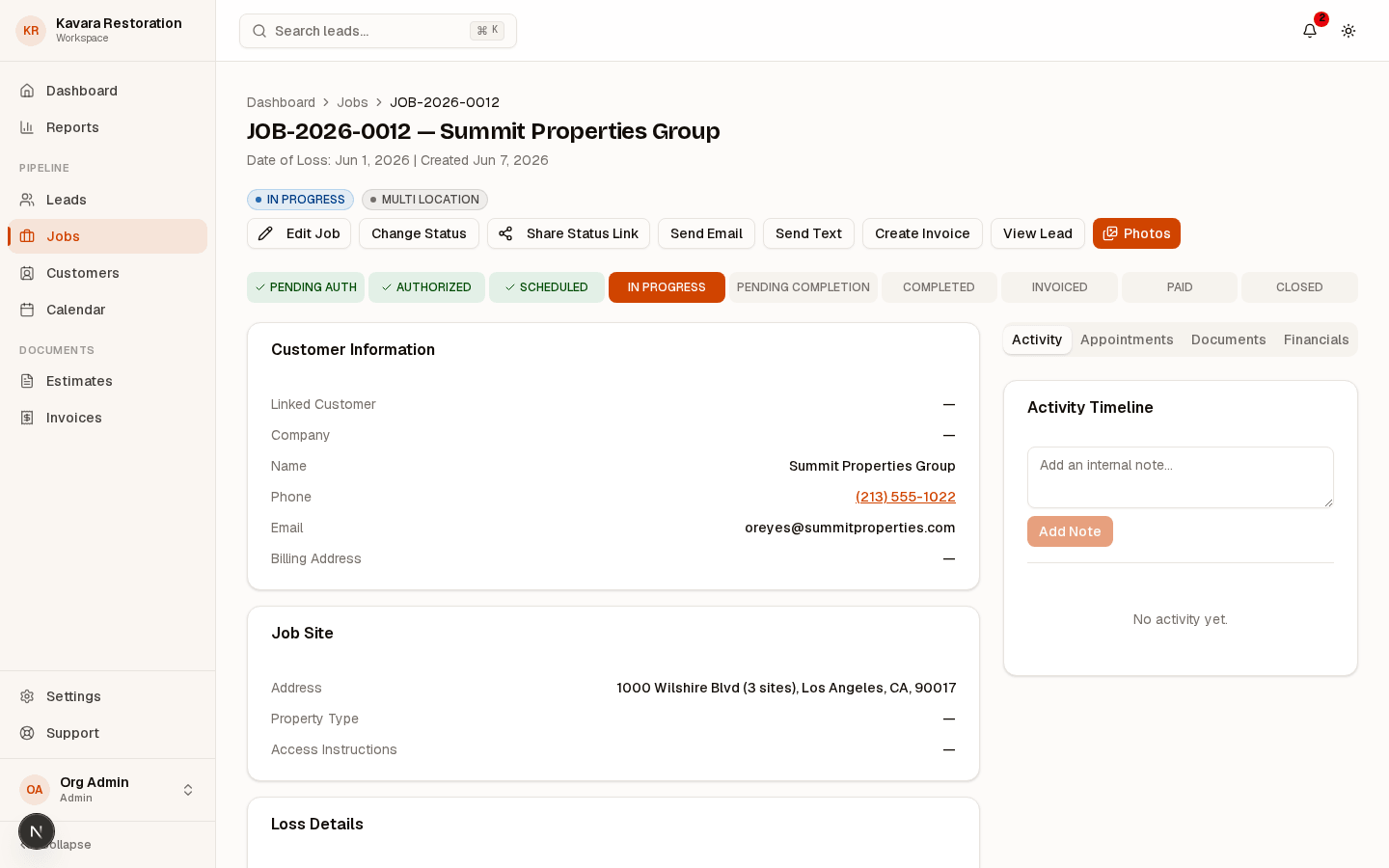 RestoPath invoices list rolling up billing across jobs, branches, and locations
